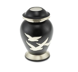 Solid brass urn in black and silver featuring two birds