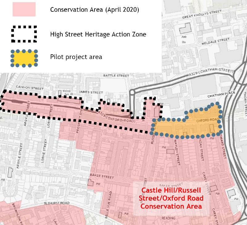 This map shows the Castle Hill/Russell Street/Oxford Road conservation area, the High Street Heritage Action Zone and the pilot project area (specifically the East end of Oxford Road, from Howard Street to Russel Street).