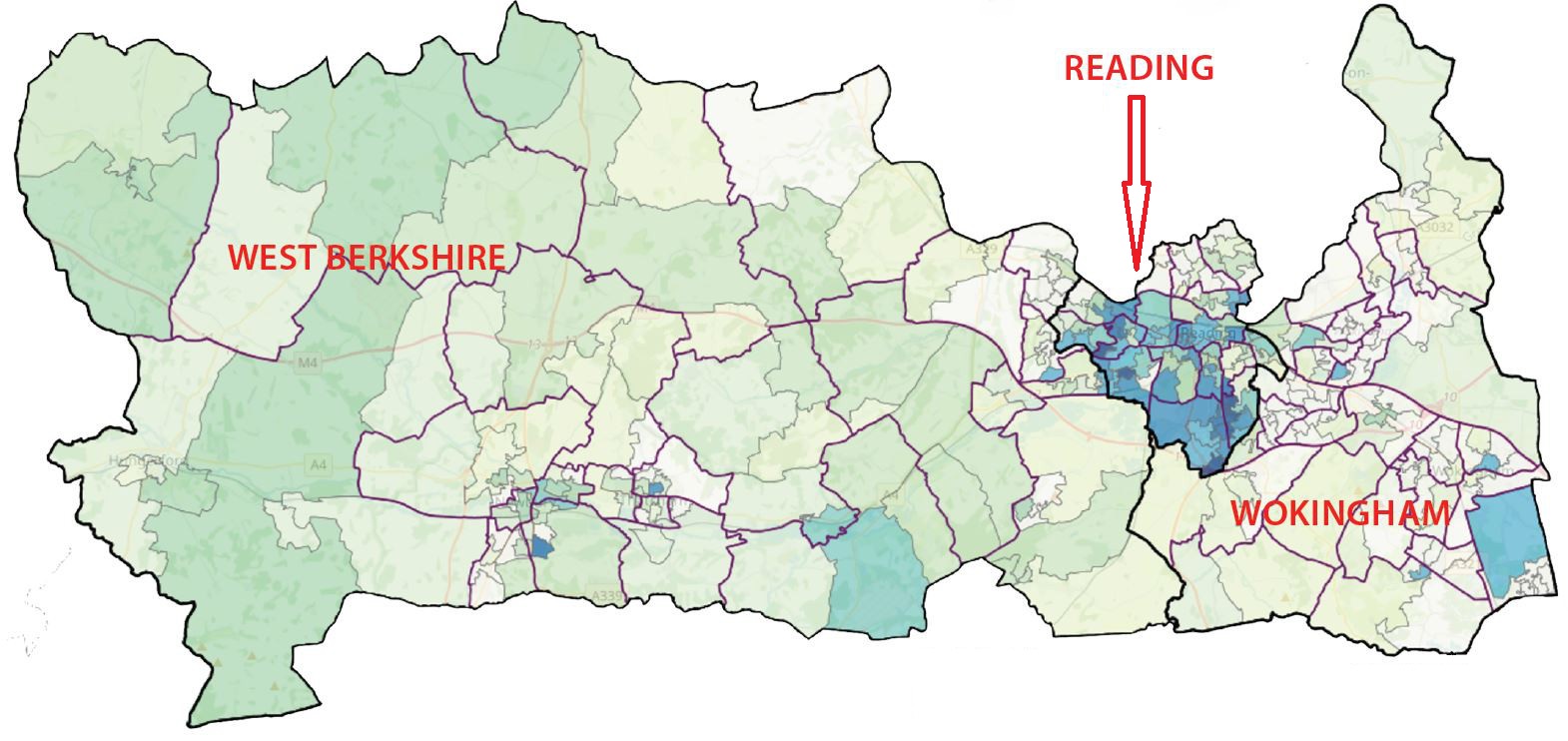 Colour coded map showing areas of greatest and least deprivation in West Berkshire, Reading and Wokingham. Reading has the most areas of high deprivation and West Berkshire has a couple.
