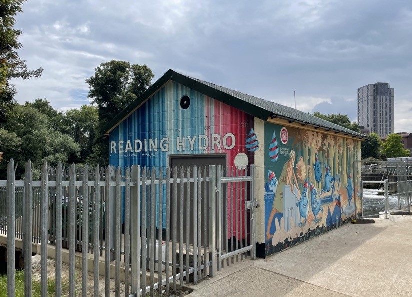 The turbine house of the new community-led Reading Hydro project – funded by public share issue and decorated by local artists (credit: Reading Hydro)