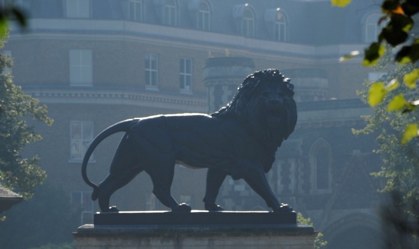 The 31 foot, 16 ton, cast iron sculpture of the Maiwand Lion in Forbury Gardens 