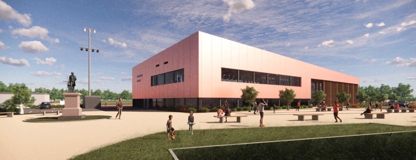 Palmer Park Stadium – architect’s drawing of the refurbished stadium and leisure centre complex, construction of which began in July 2021