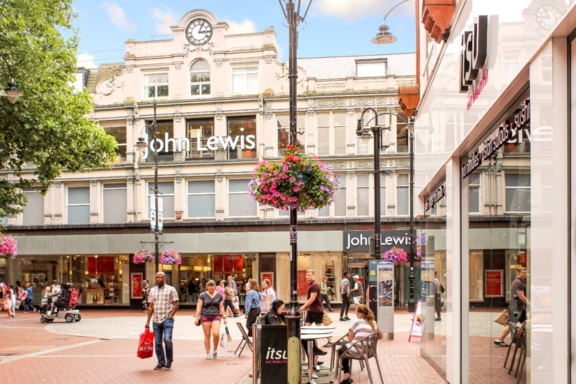 Broad Street showing the main pedestrianised area and the town centre’s flagship John Lewis store