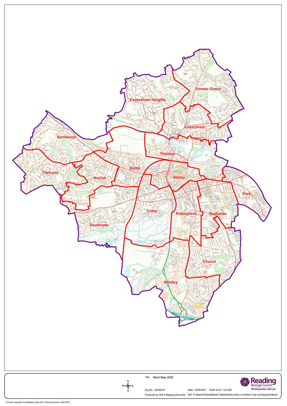 Map showing wards of Reading Borough Council