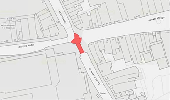 Map showing Target Junction with area to be resurfaced coloured in red: top end of St Mary's Butts and two-thirds of the junction.
