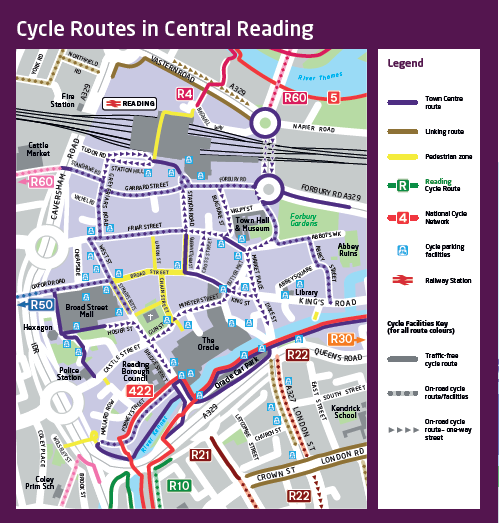 Cycling routes in Reading map