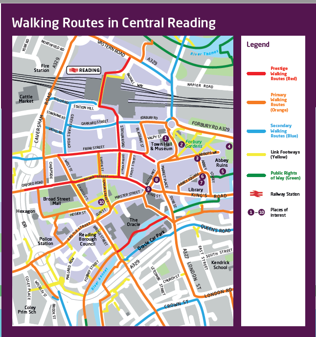 Map of walking routes in Reading