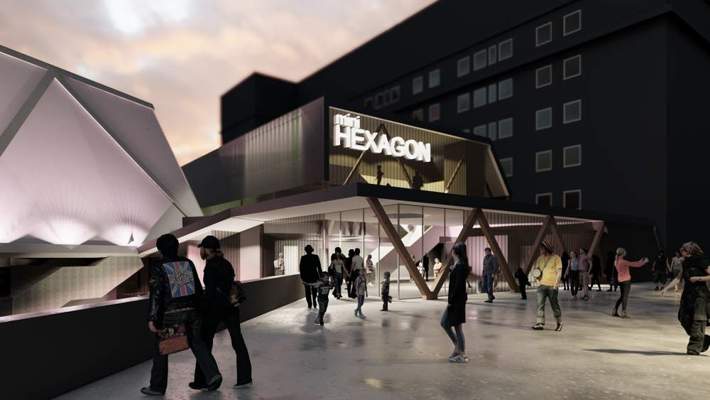 Artist's impression of the new entrance to the Hexagon in the evening.