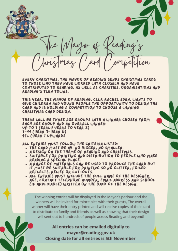 A festive Christmas card themed poster with holly leaves detailed across and text providing details on the children's competition.