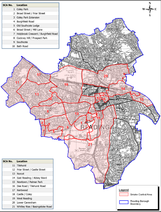 An informational picture of the locations within the Reading Borough Boundary 21 locations are highlighted to signify they are smoke controlled areas, these include: 1. Coley Park, 2.Broad Street/Friar Street, 3.Coley Park Extension, 4.Burghfield Road, 5.Old Southcote Lodge, 6.Broad Steet/Mill Lane, 7.Holybrook Crescent/Burghfield Road, 8.Cockney Hill/Prospect Park, 9.Southcote, 10.Bath Road, 11.Tilehurst, 12.Friar Street/Castle Street, 13.Norcot, 14.East Reading/Abbey Ward, 15.Newtown/Palmer Park, 16.Dee Road/Tilehurst Road, 17.Kentwood, 18.Castle/Coley, 19.West Reading, 20.Lower Caversham, 21.Whitley Rise/Basingstoke Road