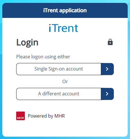 Shows login page for iTrent. There are two options: 'Single sign-on account' and A different account'.