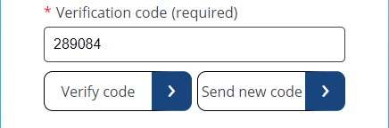 Code verifcation page. Field for entering the code and two buttons, one labelled 'Verify code', the other 'Send new code'.