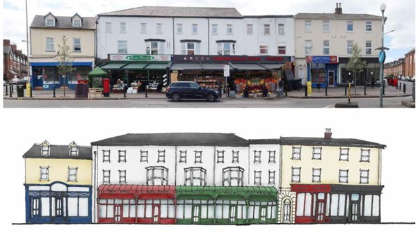 Picture shows a comparison between an artists impression of the shopfront improvements.