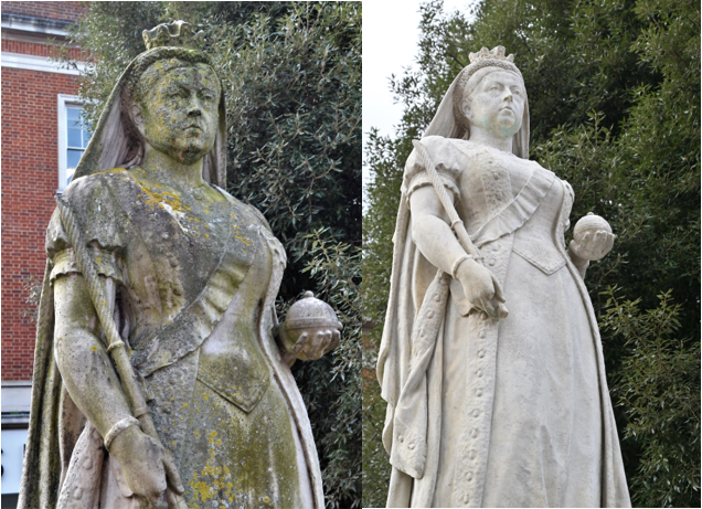 The picture shows the before and after of the cleaning of queen Victoria statue. On the left shows the dirty statue and on the right shows the clean statue.