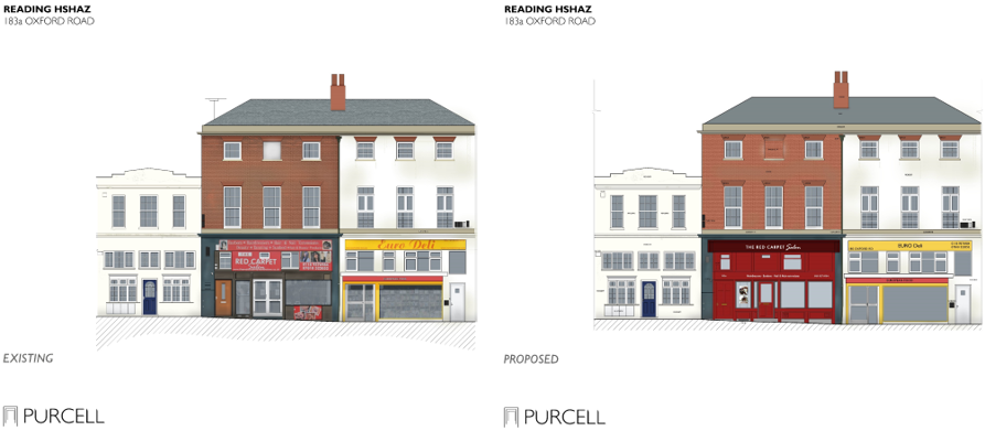 The picture shows the existing and proposed elevation sketches at 183a Oxford Road as a part of the HSHAZ scheme. Deawings by Purcell