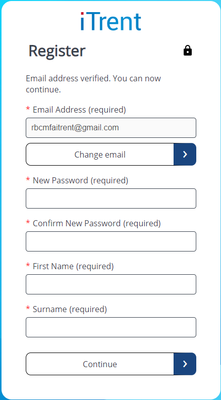 Snippet of form showing iTrent logo at the top followed by "Register", then "Email address verified. You can now continue." Then is an Email Address field and a button to change email, Then fields for password and confirming password, first name and surname and a button to 'Continue'.