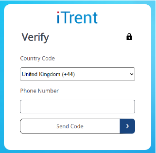 Snippet of form showing iTrent logo at the top followed by "Verify" and two fields, one for County Code and the other for Phone Number, and a button to 'Send Code'.