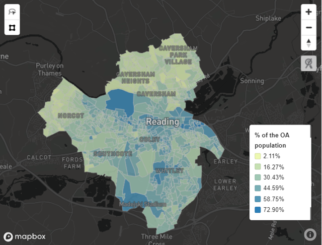 Map showing proportion of BAME population in Reading.