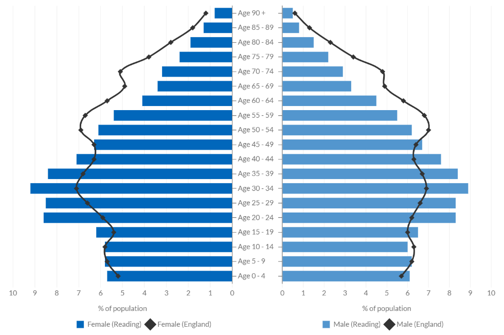 Pyramid of population for 2021 shows female on left and male on right. The bars in the pyramid for males and females are about equal. Up to the age of about 20 the ages are about 6% of the population, it goes 20-29 goes up to 8%, the highest reading is for 30-34 year olds which has 9% of the population. The pyramid gradually decreases until it reaches about .5% of the population for people over 90.
