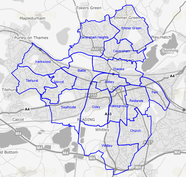 Map of Reading showing wards