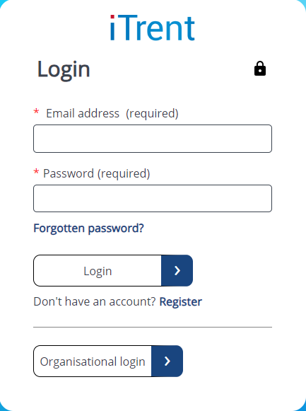 Shows single sign on login page.with fields: Email address (required), Password (required) and a link for 'Forgotten password?'. There is a login button and also 'Don't have an account?' followed by a link named 'Register'.Under that there is another button called 'Organisational login'.