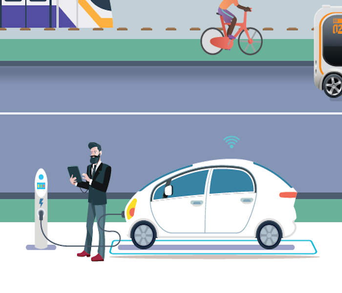 Drawing of an electric car at a charging point and a man standing beside it.