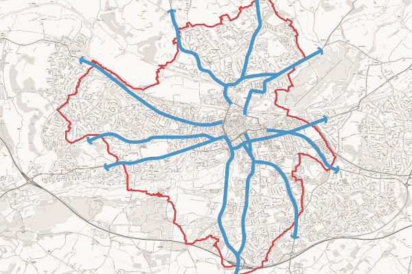 Map showing major roads leading into and out of Reading.