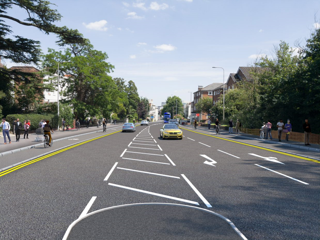 Artist's impression showing new cycle paths of both sides of Bath Road.