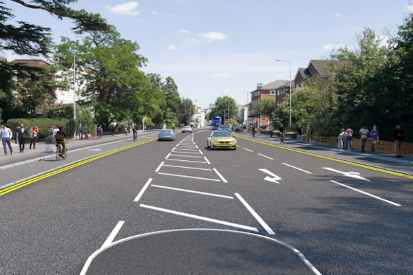 Artist's impression showing new cycle paths of both sides of Bath Road.