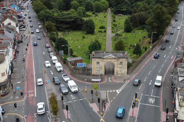 Aerial shot of cemetery junction.