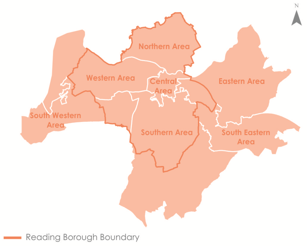 Map of Reading split into 7 sections: Central Area, Eastern Area, South Eastern Area, Southern Area, Western Area, South Western Area and Northern Area.