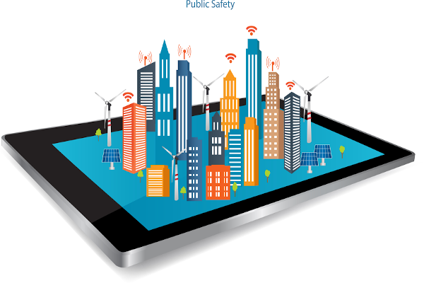 Graphic showing a mobile phone with city buildings.