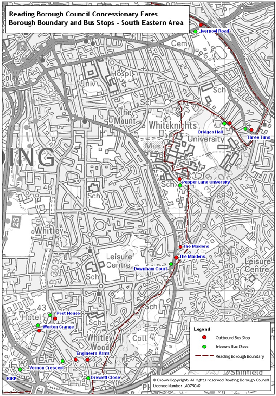 Map showing bus stops in south eastern area of Reading.