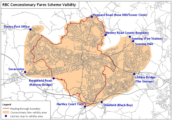 Map showing concessionary fares scheme validity in Reading.