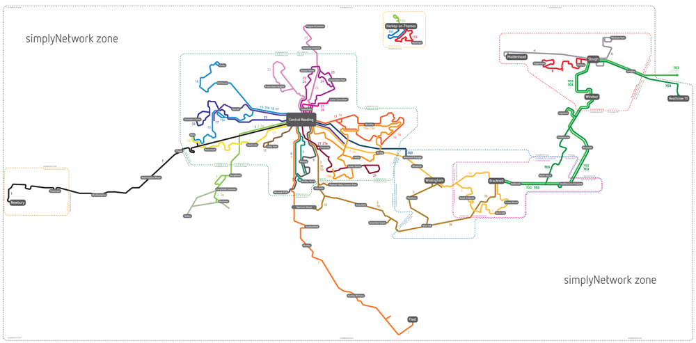 Map showing the bus network around Reading.