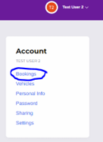 Shows dropdown for account navigation in permit website. Account is at the top with the user name underneath - these are unselectable. The selectable options are Bookings, Vehicles, Personal info, Password, Sharing and Settings. 