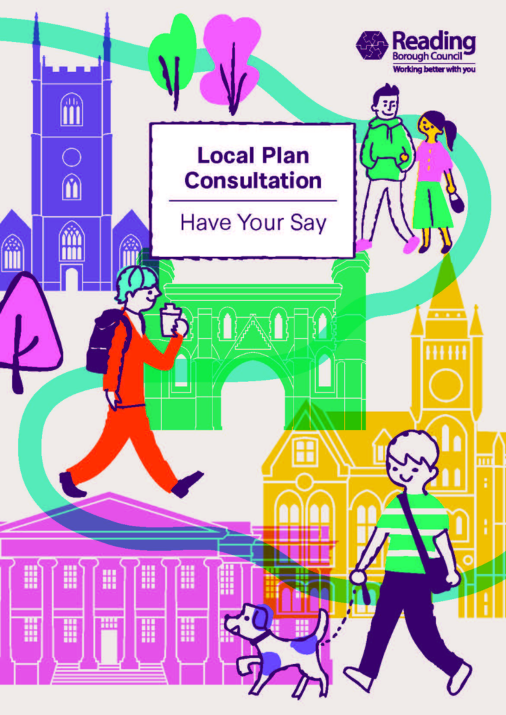 Colourful drawings of Reading buildings and people walking around with a text box in the top middle saying 'Local Plan Consultation - Have Your Say'.