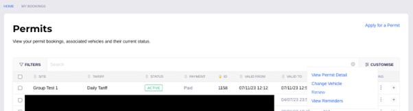 Shows permits page with the various options: 'View permit detail', 'Change vehicle', 'Renew' and 'View reminders'.