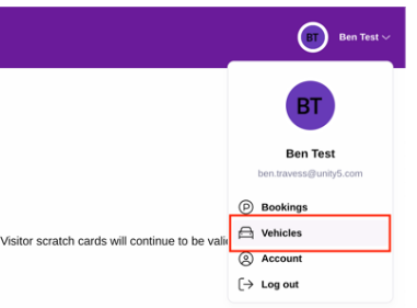 Shows right hand side of permit account screen with drop down showing four options: Bookings, Vehicles, Account and Log out. The 'Vehicles' is shown as selected by a red box around it.