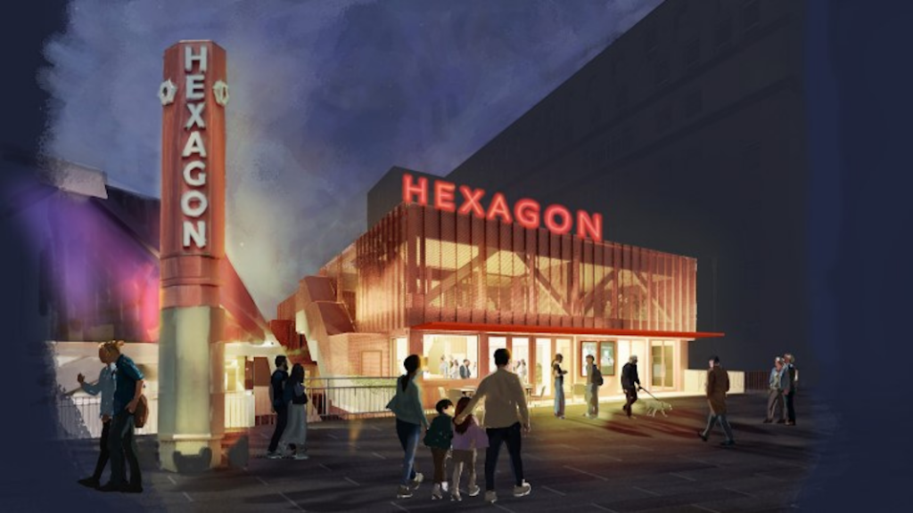Artist's impression of new section of Hexagon at night. Shows people approaching the building and some people inside.