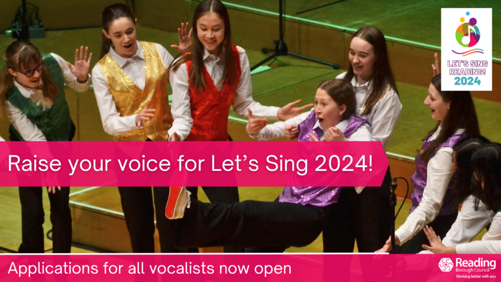 Choir performing in Let's Sing 2023 on the Hexagon stage. Text reads: Raise your voice for Let's Sing 2024. Applications for all vocalists now open.