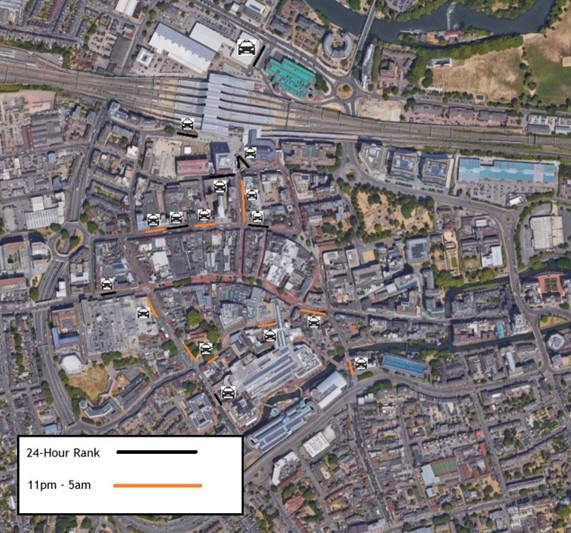 Map of town centre showing taxi ranks.