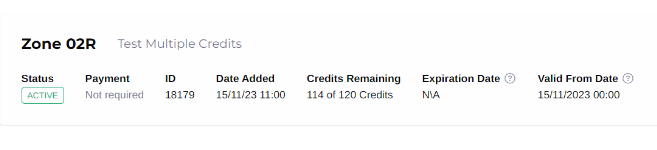 Shows multiple credits status as 'active', no payment required, the date added, the date it is valid from and the credits remaining.