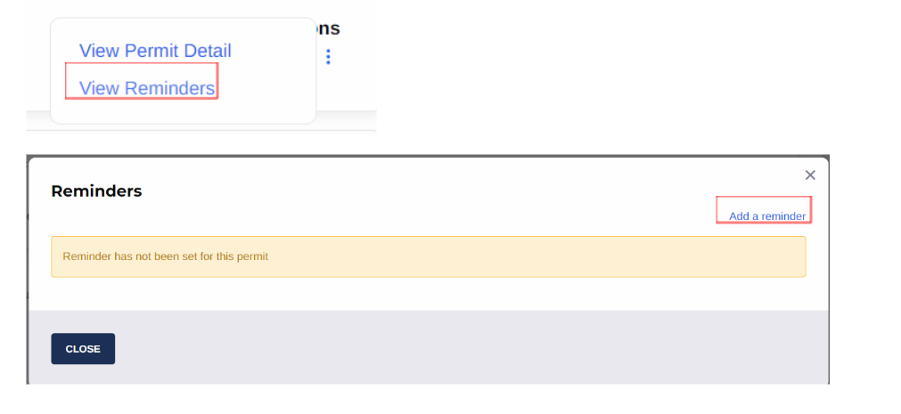 Shows fields in session form for 'View Permit Detail', 'View Reminders' and 'Add a reminder'.