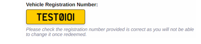 Shows an example registration plate: TEST01OI.