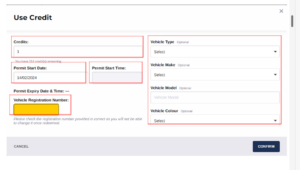 Shows 'Use Credit' page with fields for:
Credits, permit start date, permit start time, permit expiry date and time, vehicle type, vehicle make, vehicle model and vehicle colour.