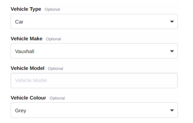 Shows fields in session booking form for: Vehicle Type, Vehicle Make, Vehicle Model and Vehicle Colour.