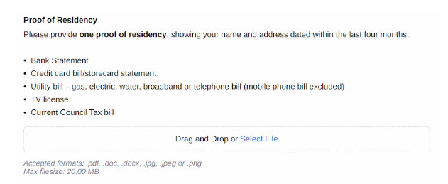Shows details of upload field for proof of residency. 