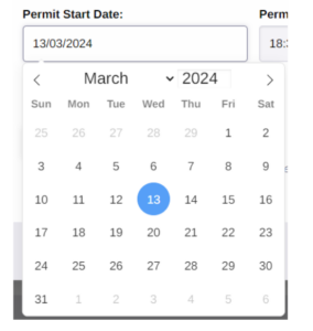 Shows permit start date field with drop down of month.