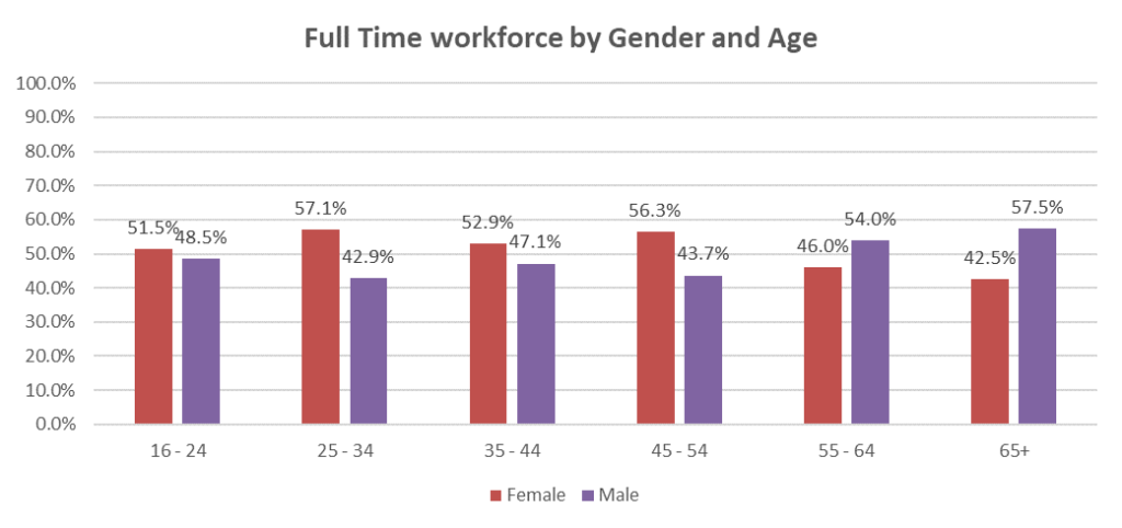 Bar chart showing fulltime workforce by gender and age.
